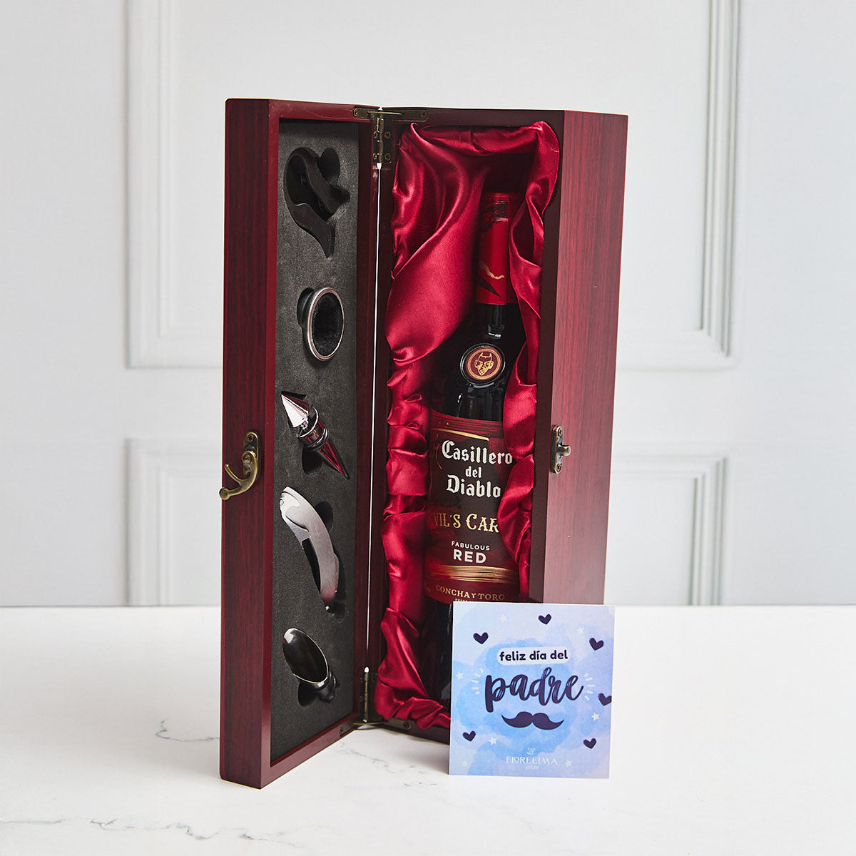 Caja de Madera de Lujo con Vino y Accesorios - Regalo para Papá