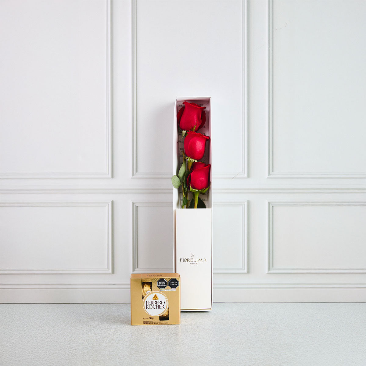 Caja de 3 rosas premium + chocolate Ferrer