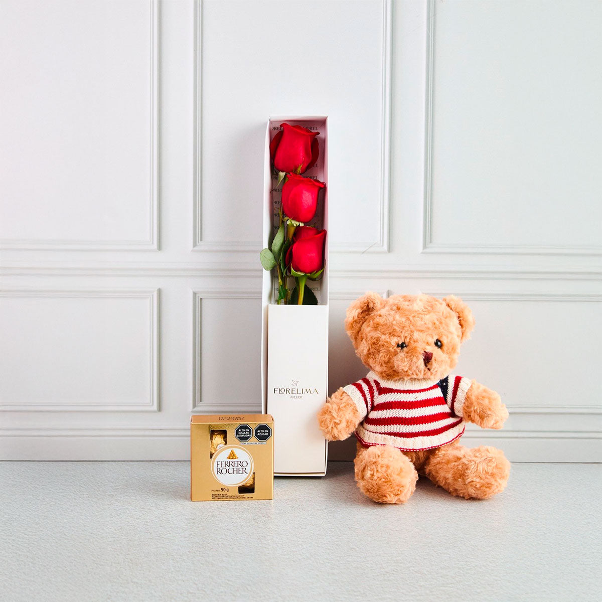 Pack Love: Caja 3 Rosas Rojas + Chocolates + Osito