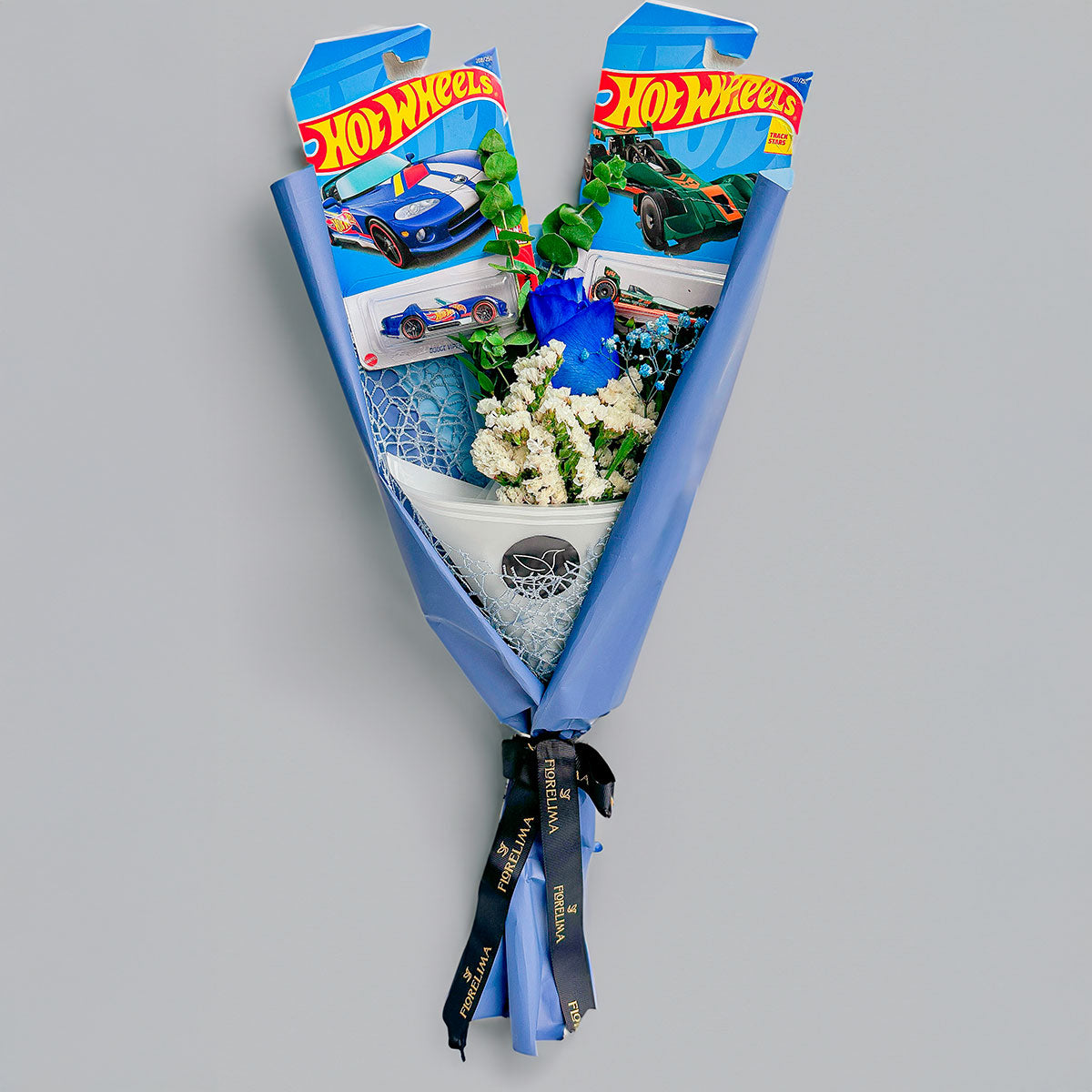 Ramo de 1 Rosa Azul + 2 Carritos Hot Wheels | Flores Azules