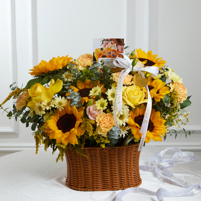 Canasta de Girasoles y Rosas Amarillas