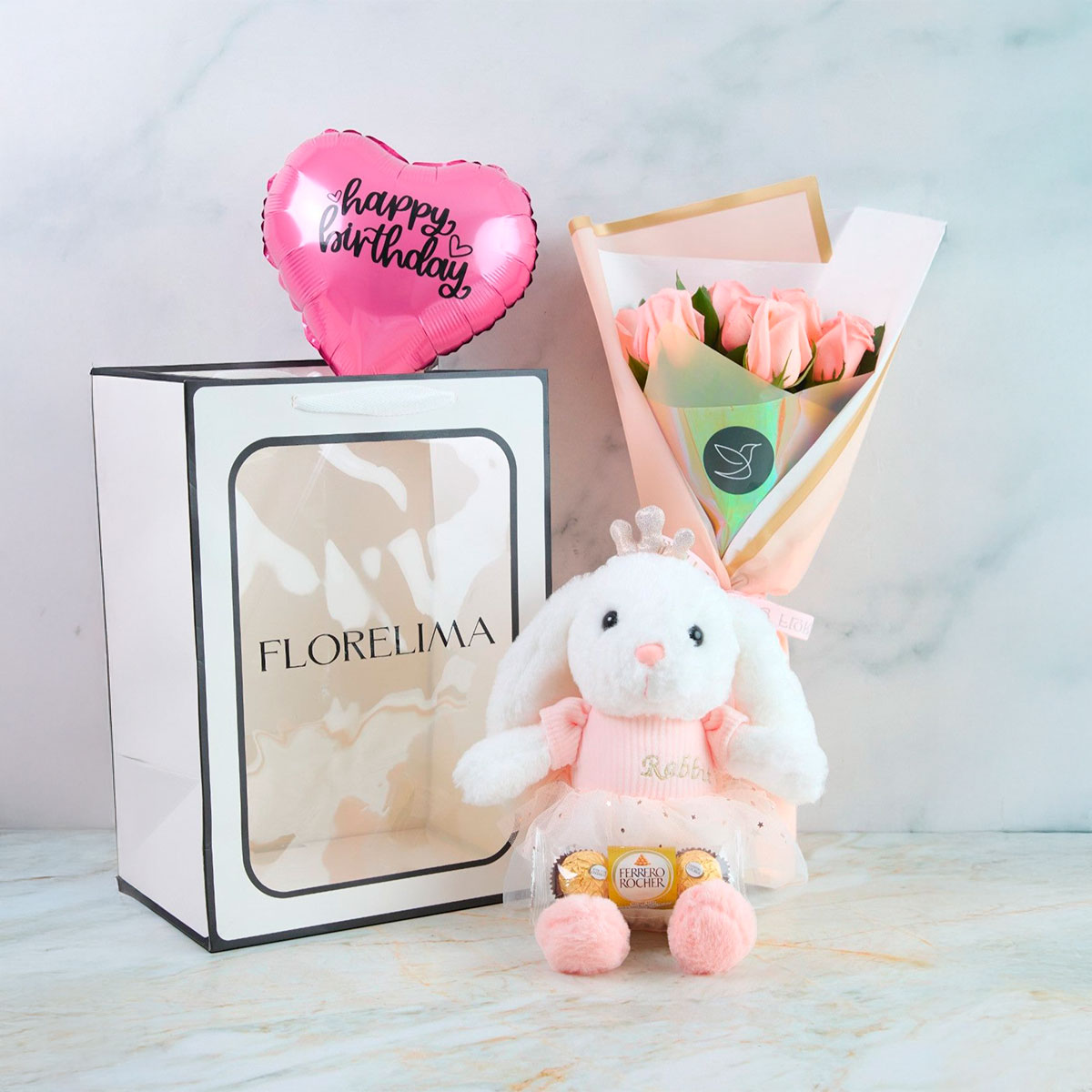Set Coral: Ramo de 12 Rosas + Conejita + Globo de Cumpleaños + Ferrero Rocher x3