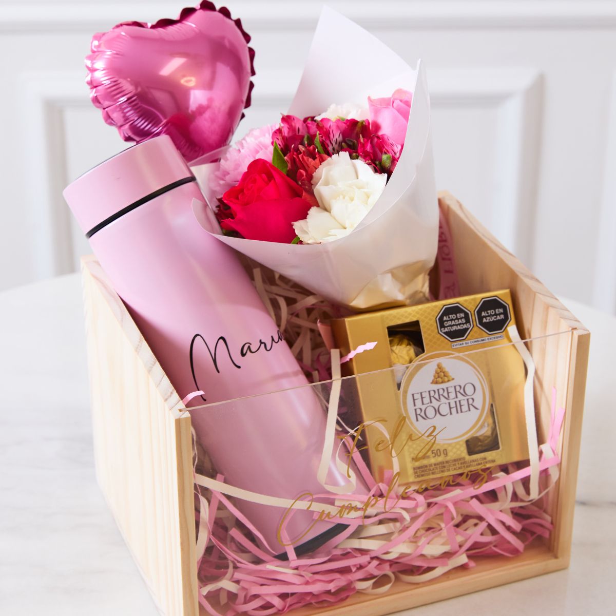 Box Cumpleañero Tomatodo + mini ramo florarl y Ferrero Rocher