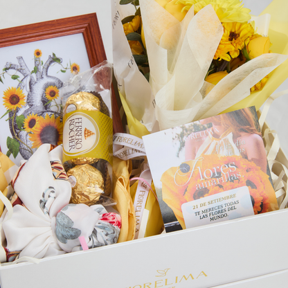 Box Flores Amarillas -Mini ramo, cuadro, pañuelo y Ferrero