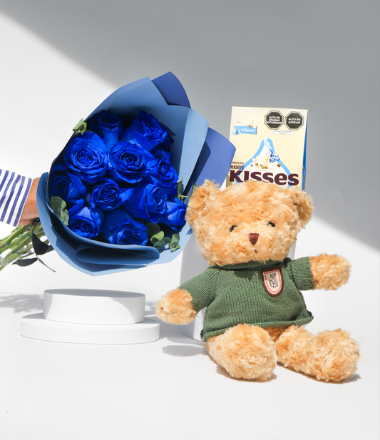 Pack 12 Rosas Azules + Osito de Peluche + Chocolates Premium | Flores Azules