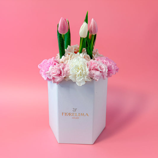 Box Aitana: Tulipanes, Claveles y Hortensias en tonos rosados