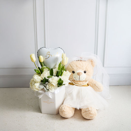 Box Rosas, Claveles y Tulipanes blancos y  Globo Small y Peluche Oso Bride