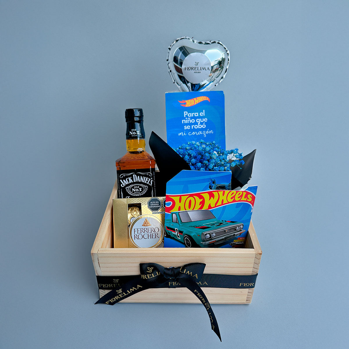 Box Hot Wheels + 1 Jack Daniels y Chocolates - Flores Azules | Para Él