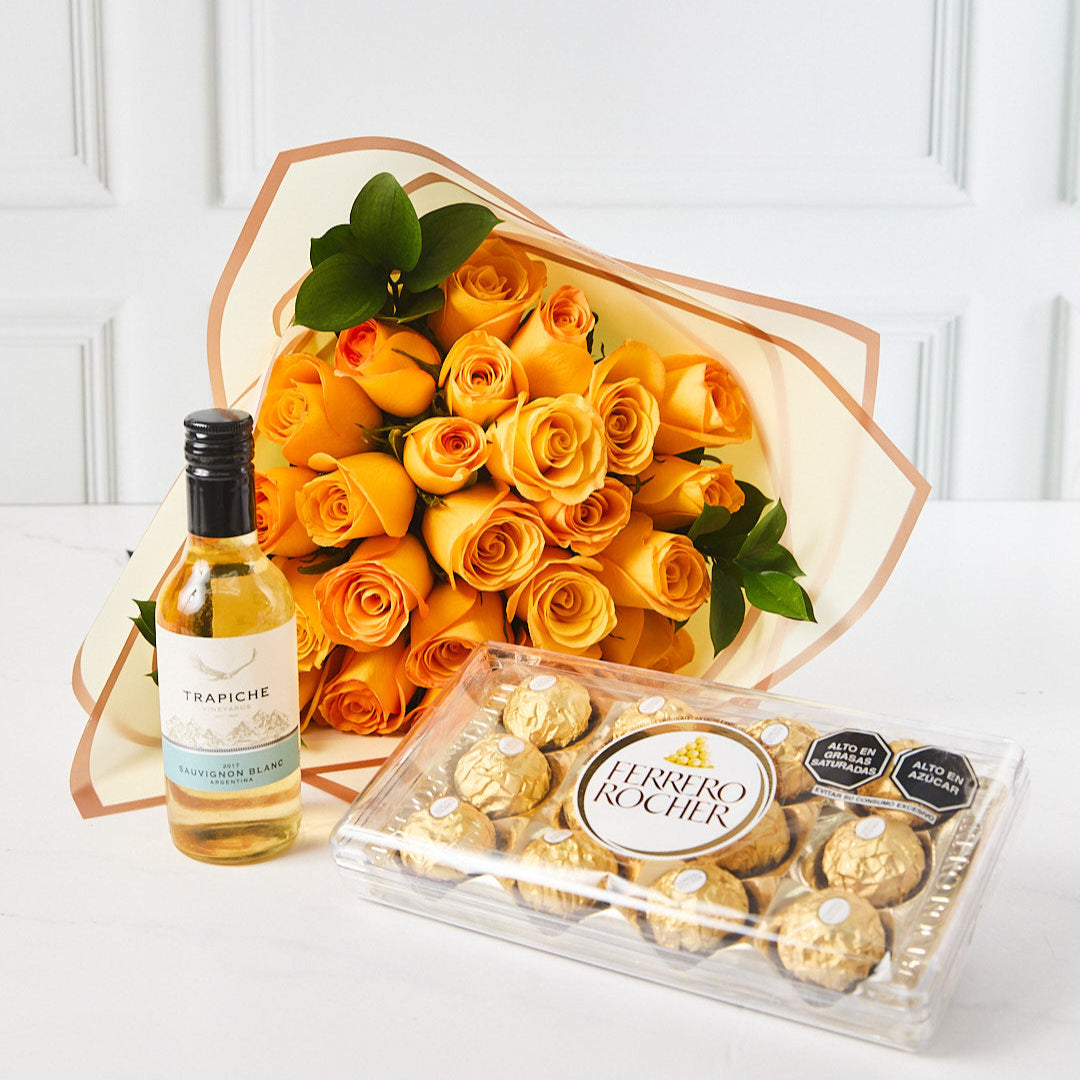 Ramo de 24 Rosas Amarillas con chocolate Ferrero Rocher 12 und y Vino trapiche