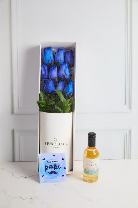 Pack Caja 9 Rosas Azules y Vino Trapiche 187ml - Regalo Día del Padre