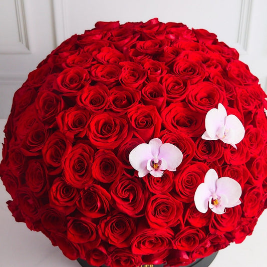 Box Pasión Suprema – 150 Rosas Rojas y 3 Orquídeas