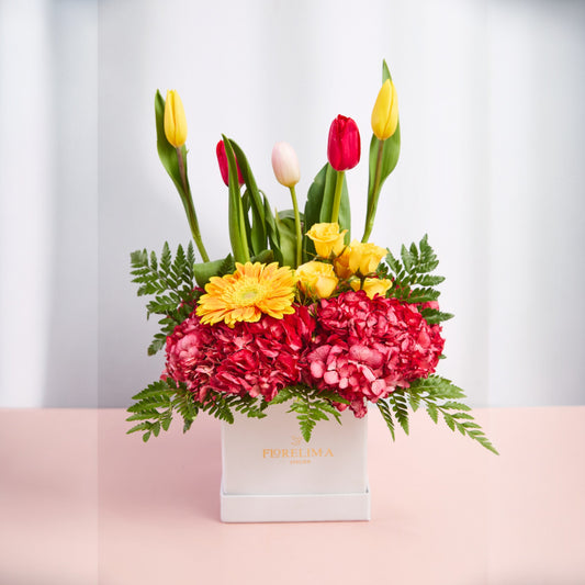 Box de Tulipanes y Hortensias rojas