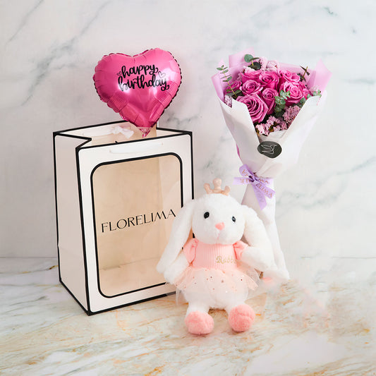 Set Violetta: Ramo 12 Rosas Lilas + Conejita + Globo de Cumpleaños