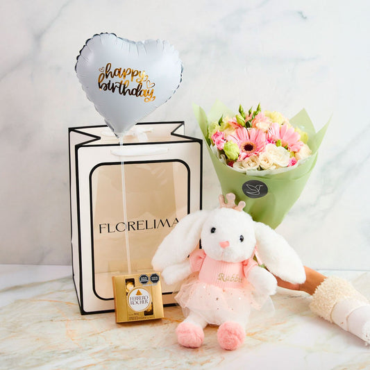 Pack Brillo de Gerbera: Ramo de Gerberas + Peluche + Globo Metálico Happy Birthday