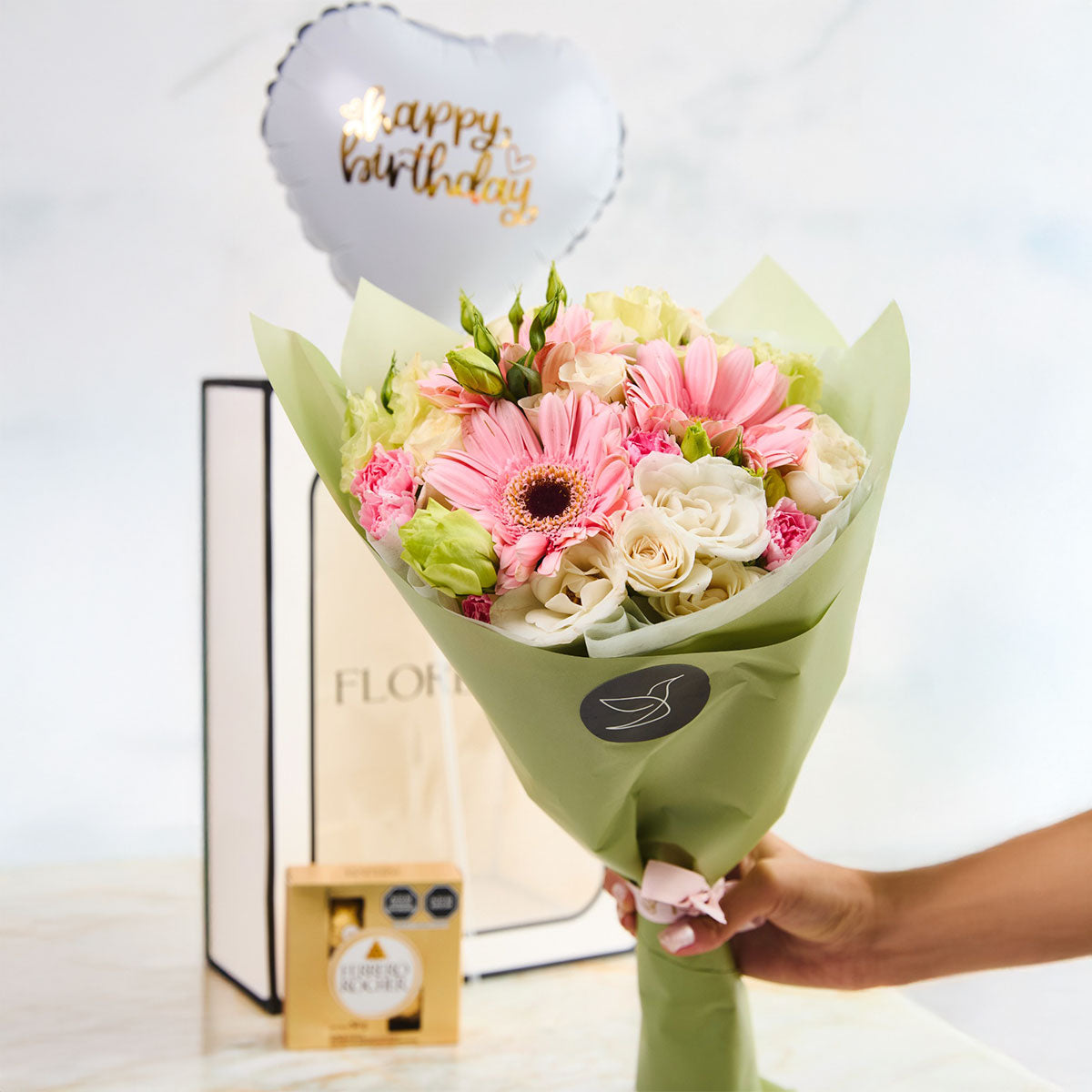 Pack Brillo de Gerbera: Ramo de Gerberas + Peluche + Globo Metálico Happy Birthday
