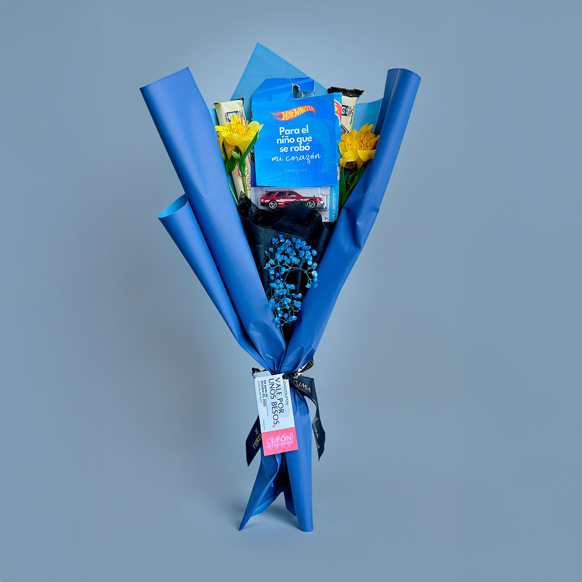 Ramo Astromelias + Carrito Hot Wheels + Chocolates Princesa | Flores Azules